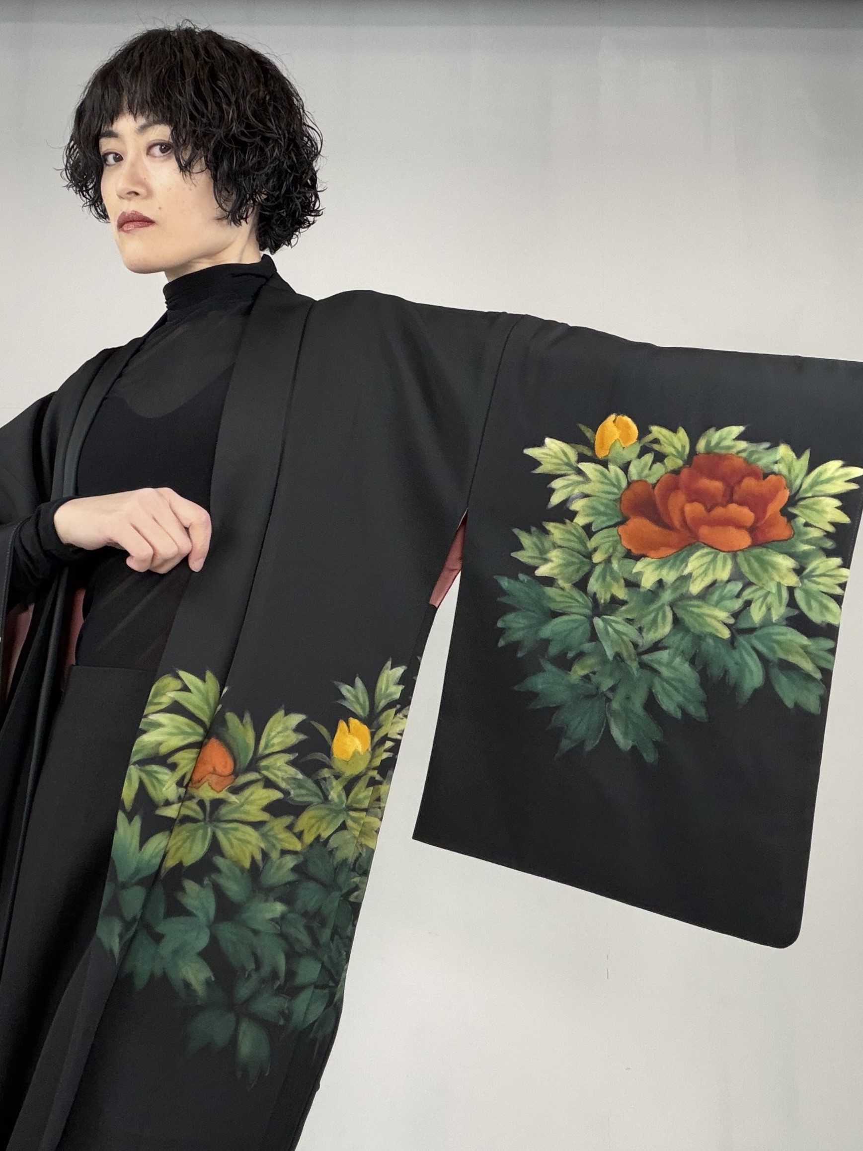 Silk Haori Kimono  - Black Painted Peony