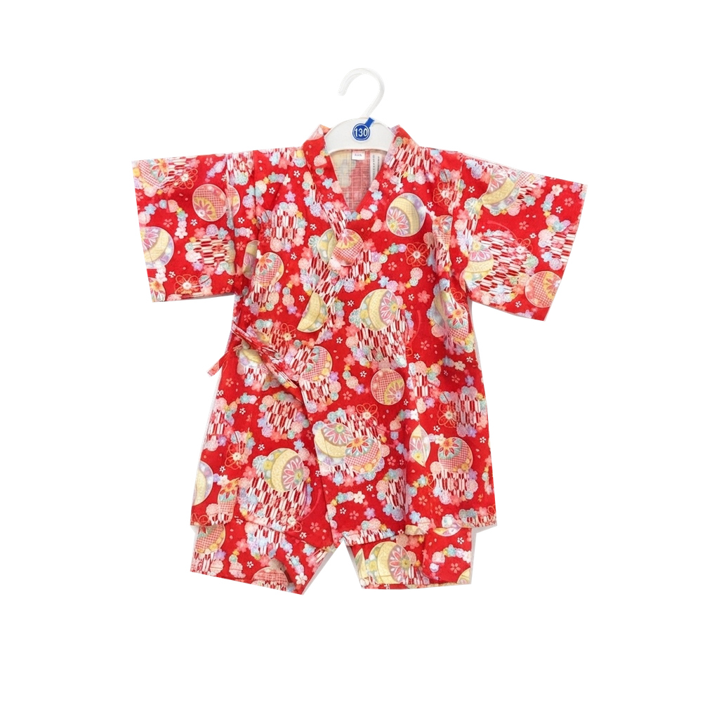 Girls Red Floral & Temari Pattern Jinbei Set
